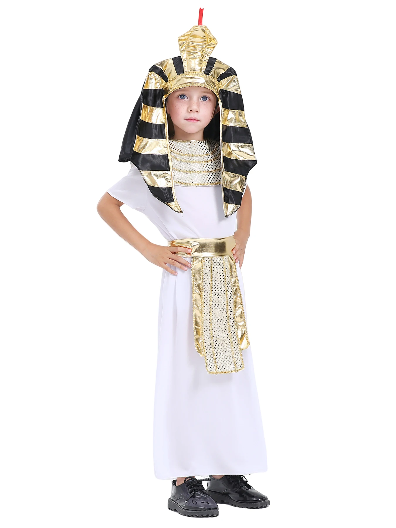 Kids Egyptian Costumes Set Short Sleeve Robe Neck Collar Belt Pharaoh Hat Cosplay Clothes for Party Stage - Image 4
