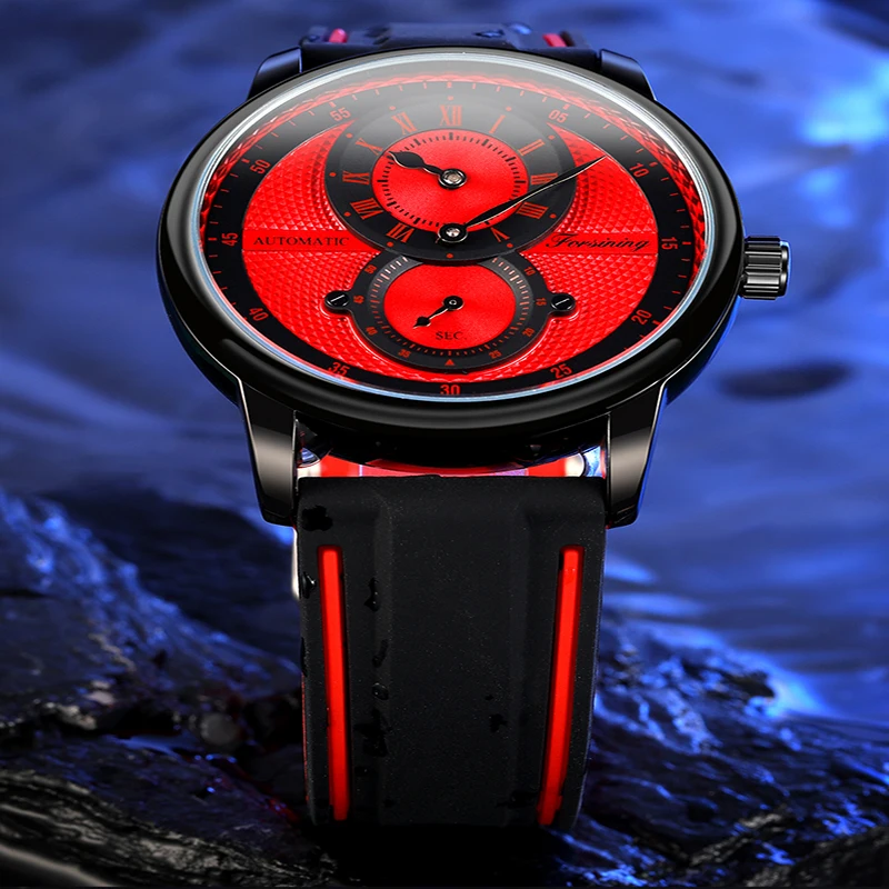 Forsining Orologio da polso automatico da uomo di lusso bianco blu Orologio meccanico impermeabile trasparente Orologio sportivo da uomo con cinturino in silicone_voghion.com