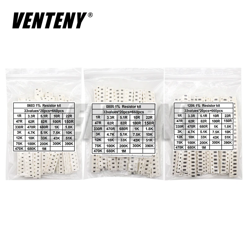 0402 0603 0805 1206 1210 2010 2512 SMD Chip Resistor Sample Kit Alloy Resistance Assorted Set 1% 5% 10R 100R 220R 1K 10K 100K smd chip resistor