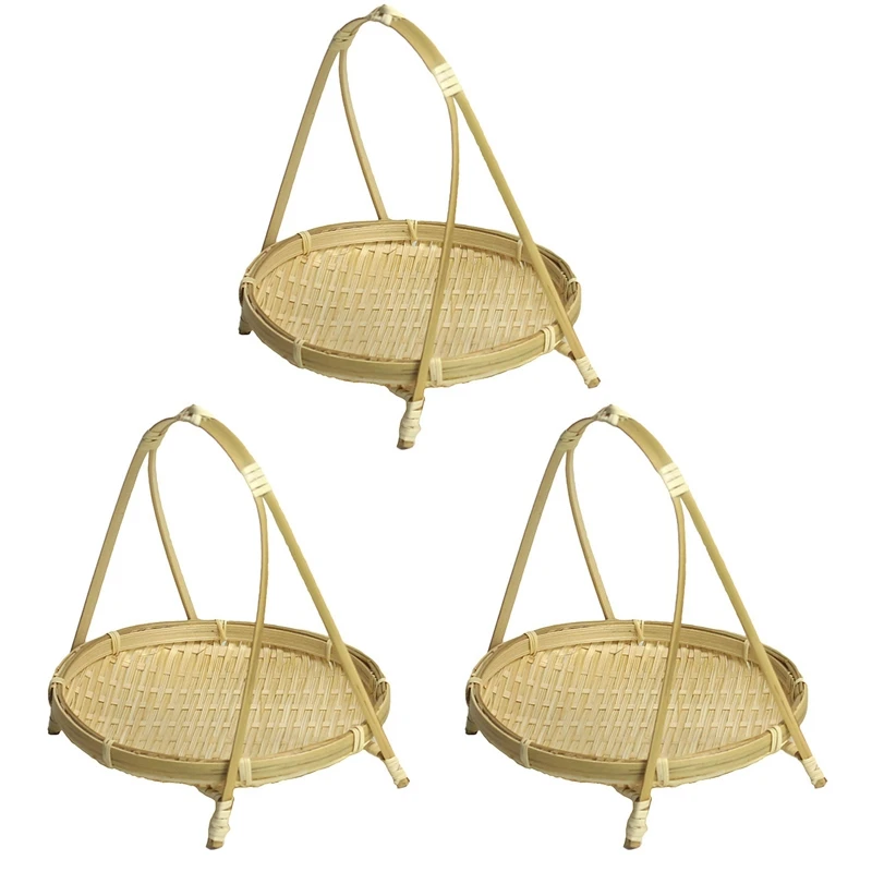 

3X Bamboo Weaving Straw Baskets Tier Rack Wicker Fruit Bread Food Storage Kitchen Decorate Round Plate Stand Layer