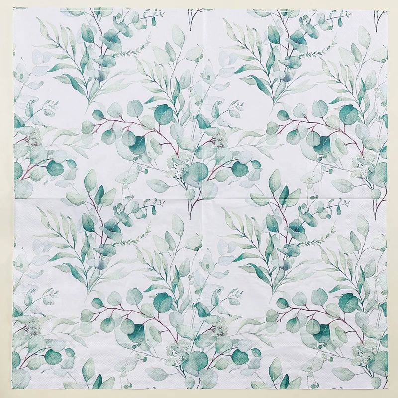 Printed Napkins Hotel Restaurant Table Decoration Wine Glass Flower Paper Mori Fresh Green Leaves Colourful Paper Napkins 20pcs