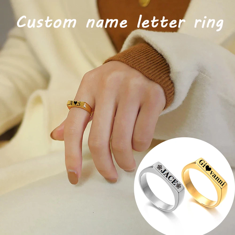 Voxont Personalized Name Letter Rings For Women Gold Stainless Steel ID Engrave  Date Number Ring DIY Custom Birthday Jewelry doremi engrave letters picture projection ring women custom picture open peach rings stainless steel personalized picture ring