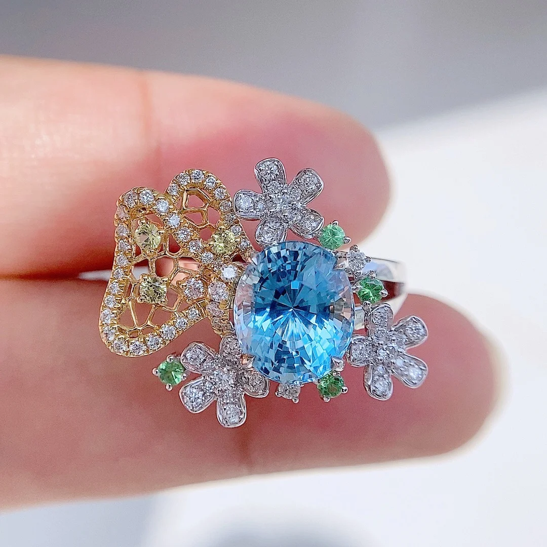 Hjy Aquamarine Ring Fine Jewelry Pure 18k Gold Natural 3.01ct Blue