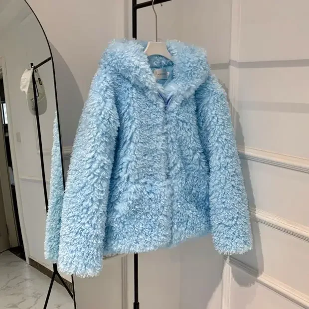 Women Blue Lambswool Hoodies Fluffy Coat Thickened Plush Bomber
