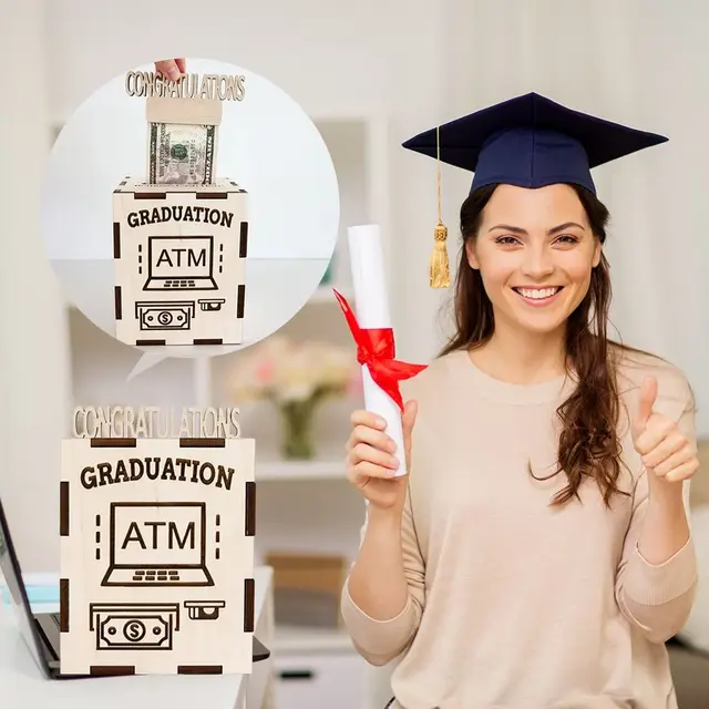 Wooden Graduation Money Gift Box ATM Design Graduation Party Cash Money Saving Box Grad Celebrations Congratulations Card Holder 2