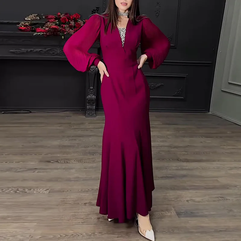 أنيقة الخامس الرقبة الترتر البوق فستان الحفلات الم...