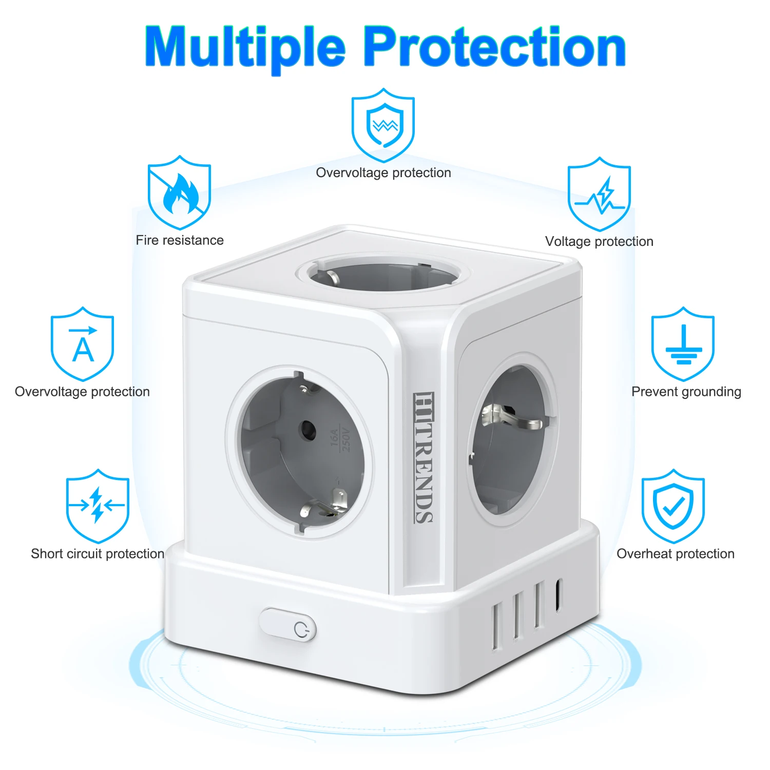 Enhanced Tower Power Socket with Surge Protection - Features 5 AC Outlets, 3 USB Ports, and 1 Type-C Port