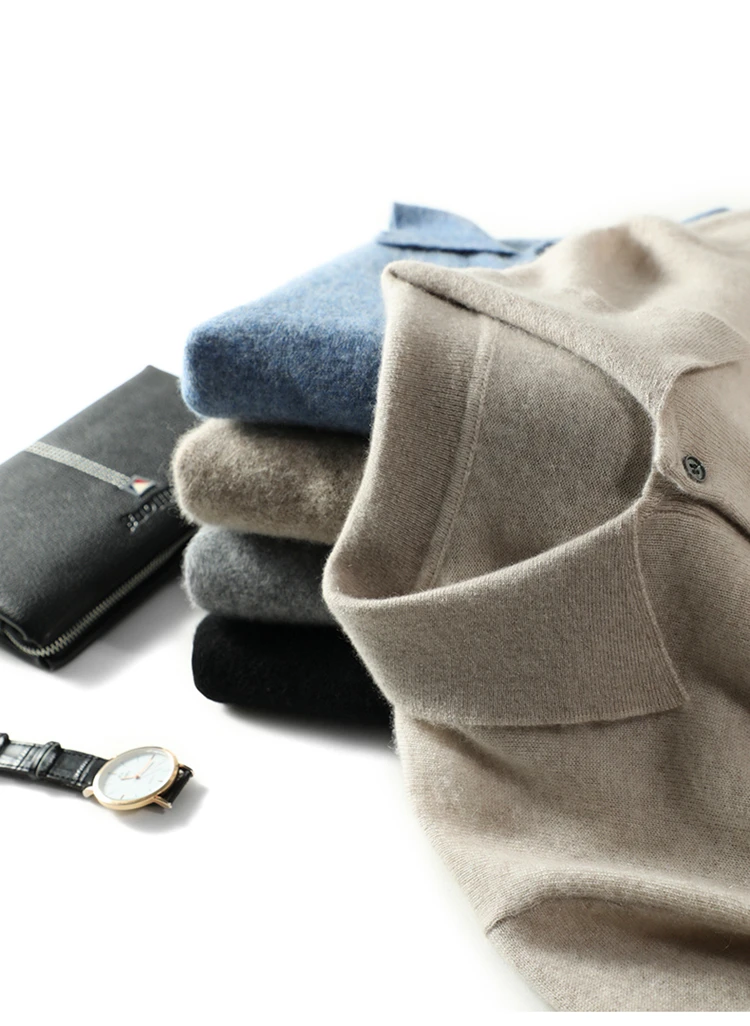 قميص بولو رجالي قصير الأكمام من الكشمير 100٪ للأعمال والملابس غير الرسمية، سترة للربيع والصيف