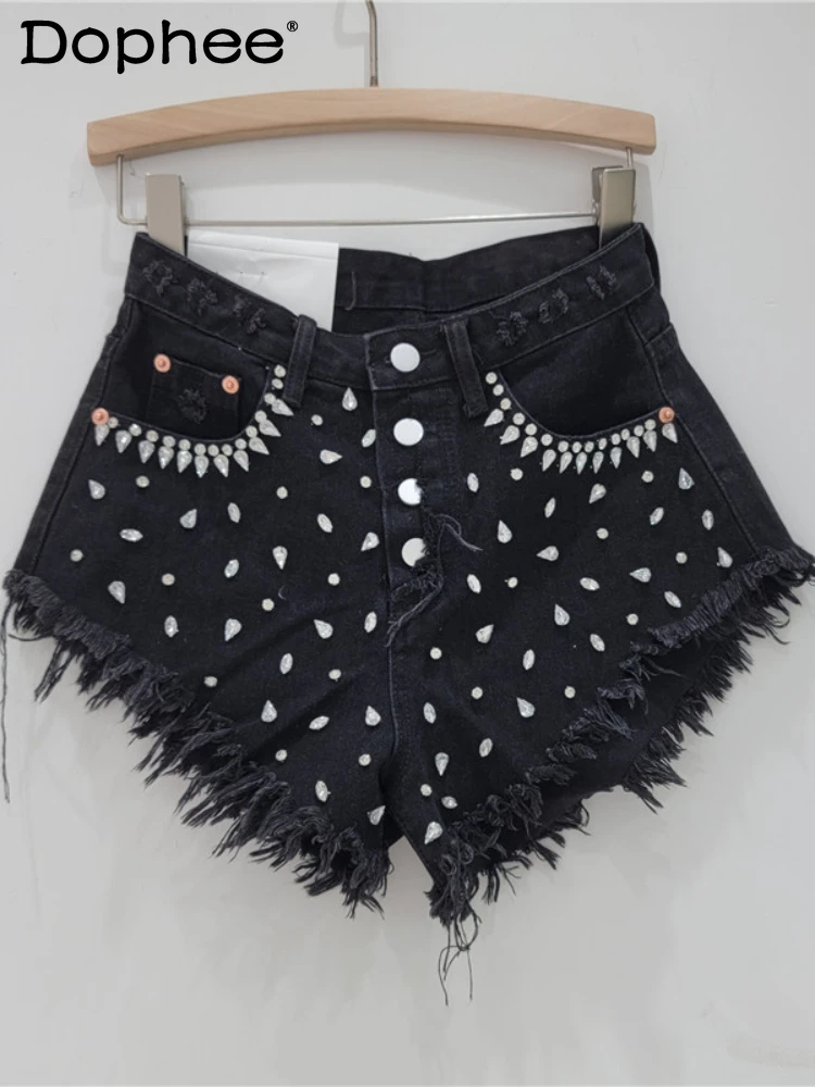 Large Particle Rhinestone Beaded Tassel Edge Denim Shorts Women 2024 Spring and Summer Hot Girl Style Distressed Hot Pants