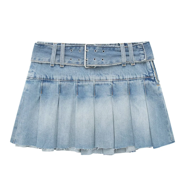 

2023 Summer New Temperament High Waist Pleated Denim Raw Edge Skirt With Belt Fashionable Casual A-Line Miniskirt