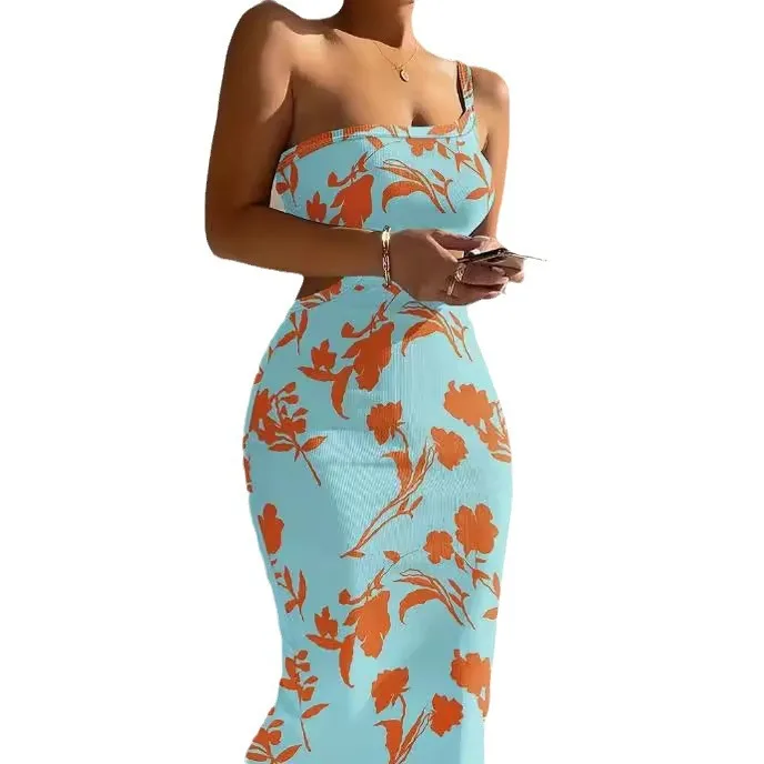 Vestidos estampados de un solo hombro con tirantes finos para mujer, vestidos sexis con abertura en la espalda, paquete de cadera, vestido ajustado, moda para dama, vestidos modernos para mujer