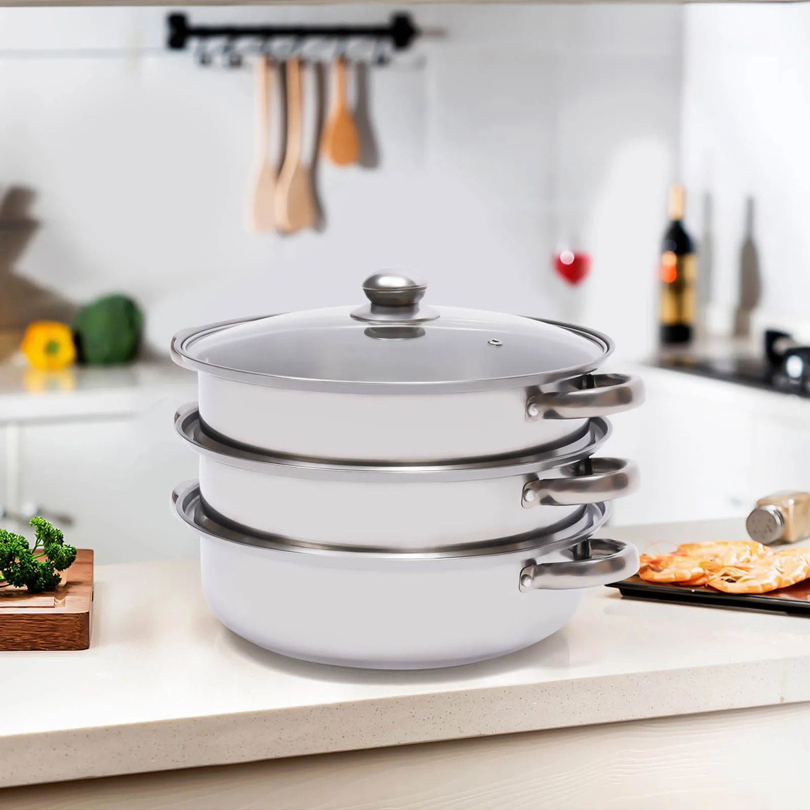 QUIOTUIR Steamer, stoommand, stoompan, roestvrij staal, 22/16/20 cm, zilver, rond, multifunctioneel, met handvat