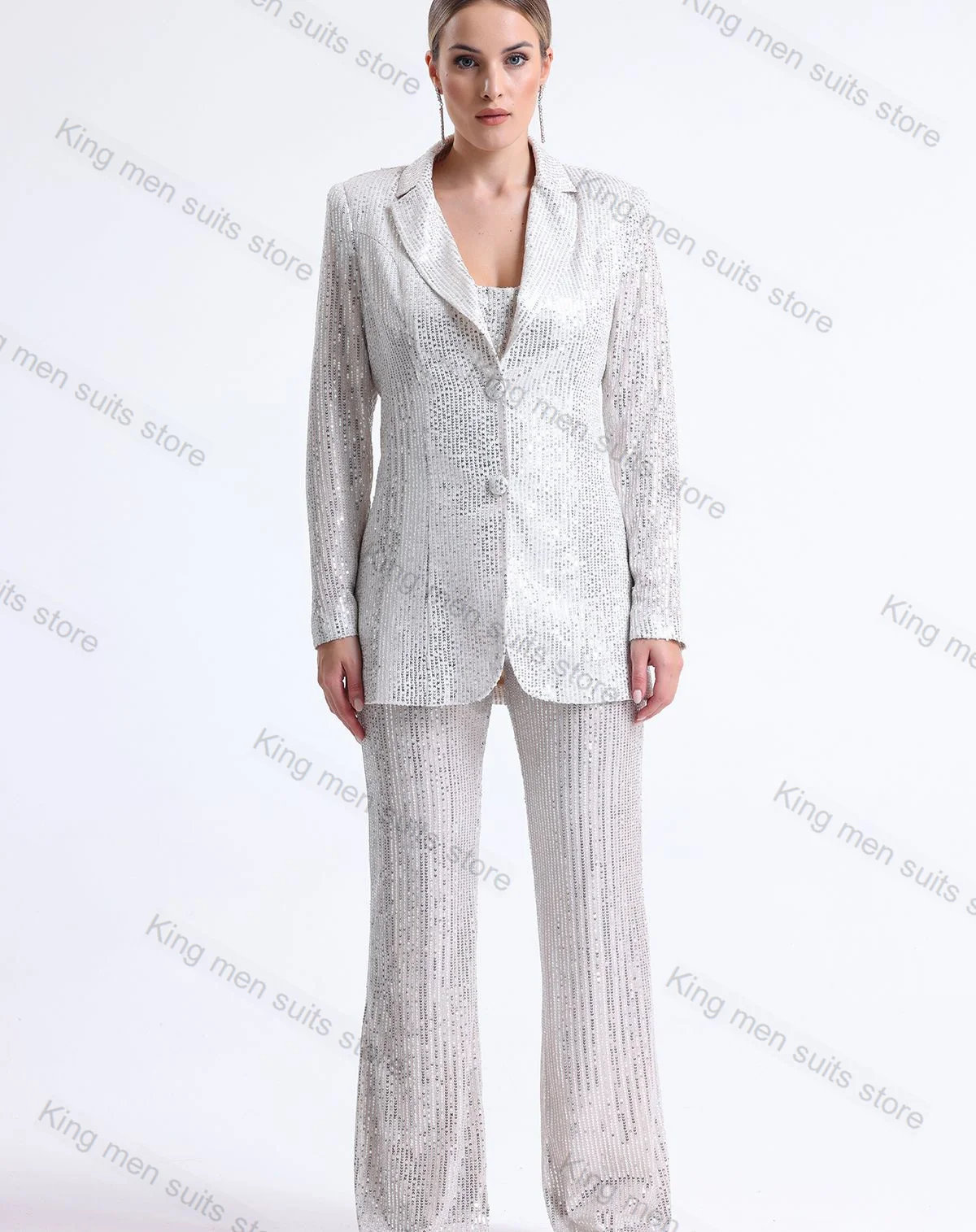 

Bling Sequins Women Suit Pant Set 2-Pieces Blazer+Trousers Luxury Wedding Tuxedo Formal Office Lady Jacket Tailored Coat