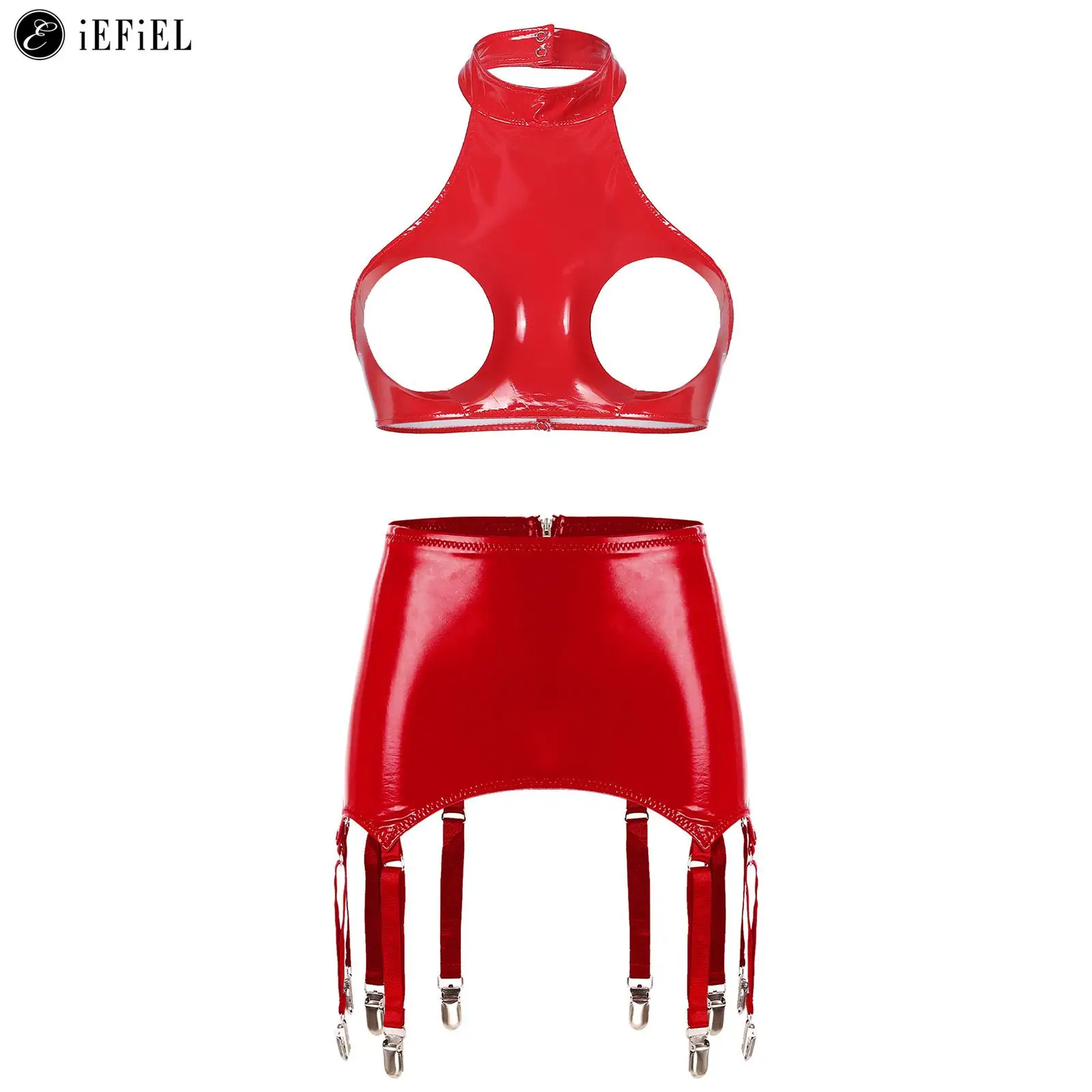 

Women Sexy Patent Leather Hollow Out Nipple Bra Tops with Zipper Garters Outfit Halter Neck Crop Tank Mini Skirt Lingerie Set