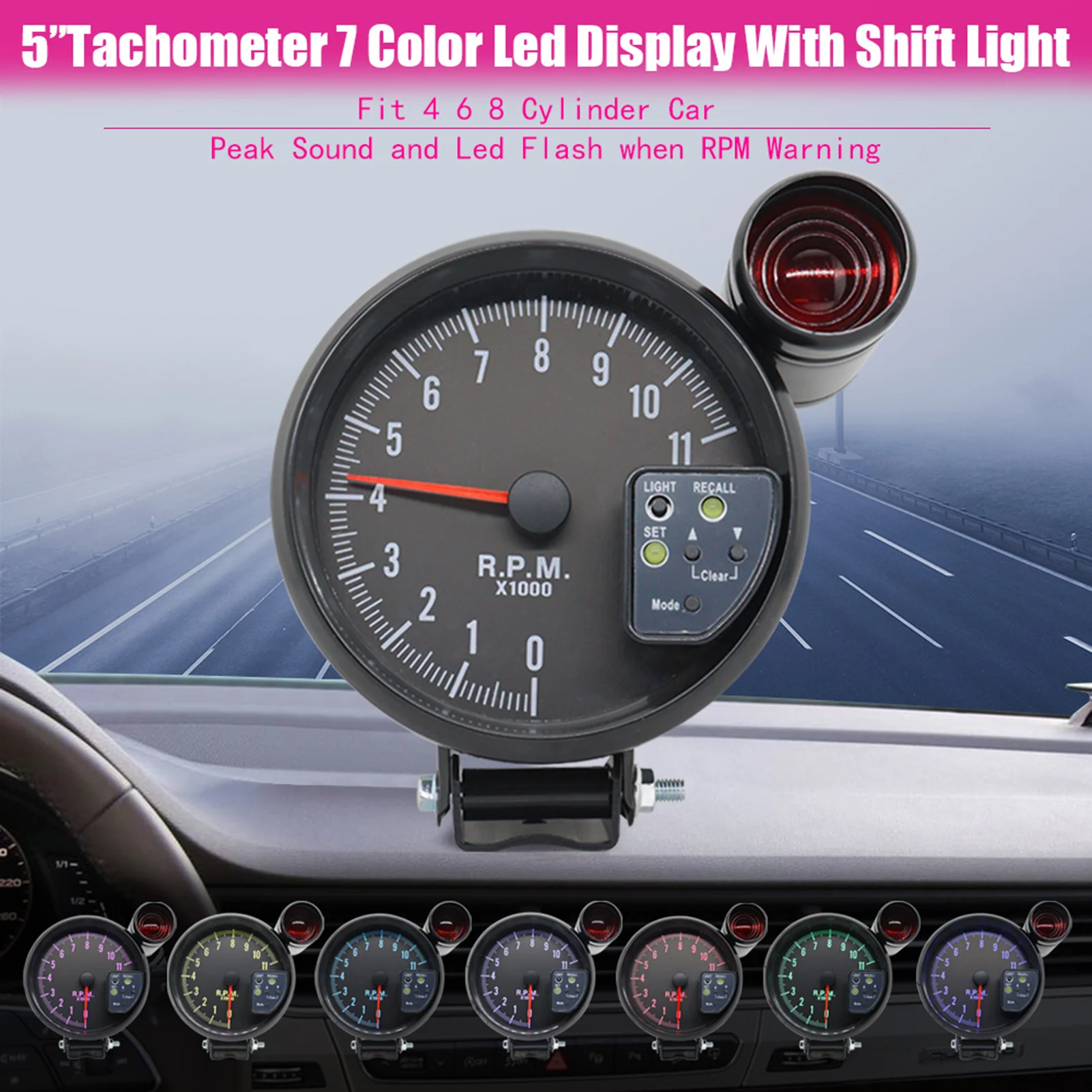 5 Inch Tachometer Gauge Carbon Fiber with Shift Light Peak Sound LED