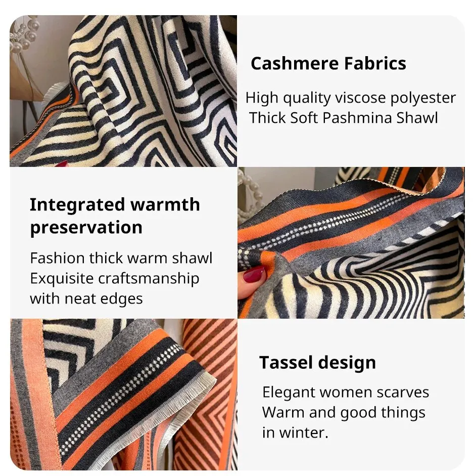 Kvinders vinter Cashmere Bufanda tørklæde Luksusprint Tykt Pashmina Varmt Warp tæppe med kvast rejse ponchostole_voghion.com