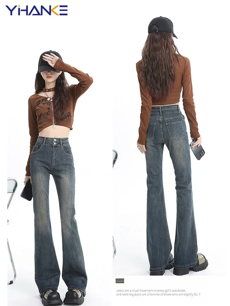 

Женские джинсовые брюки-клеш в Корейском стиле, широкие джинсы в стиле ретро, свободные джинсы с завышенной талией, в стиле 90-х, Y2k, 2000