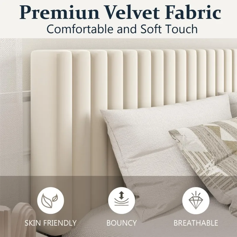 Size Platform Bed Frame with Velvet Upholstered Headboard, Strong Wood Slats, Box Spring Optional, Mattress Foundation 4