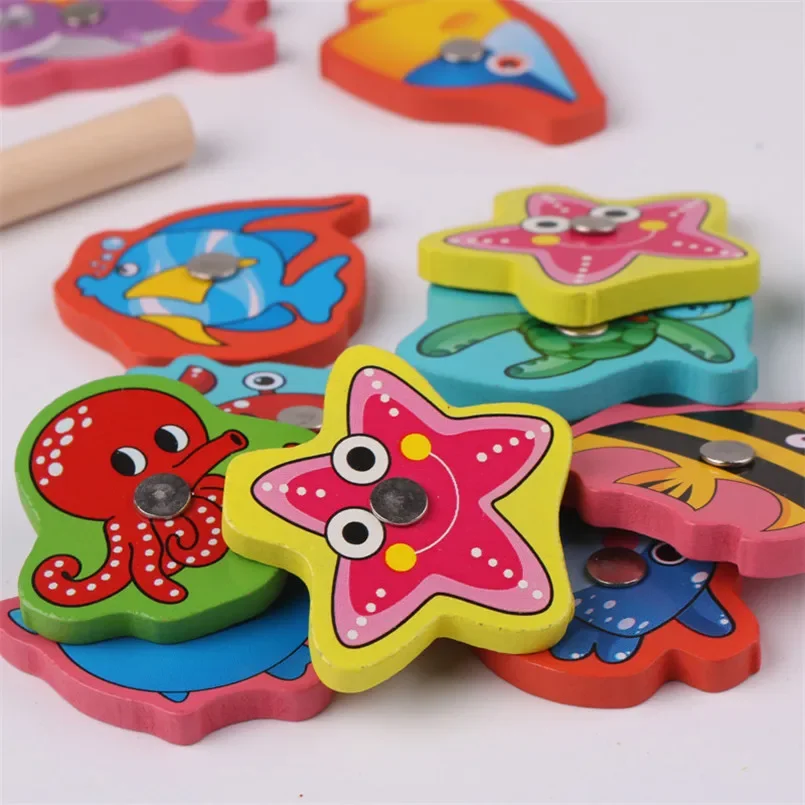 Montessori wooden magnetic fishing toys marine life cognition fish games early educational toy for kids parent-child interactive educational toys fishing toys fishing game