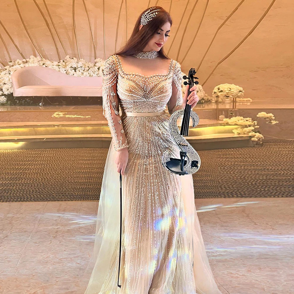 

Best Price Nude Muslim Beaded Tassel Mermaid Dubai Arabic Evening Dresses Gowns Luxury 2023 For Women Wedding Party LA71533