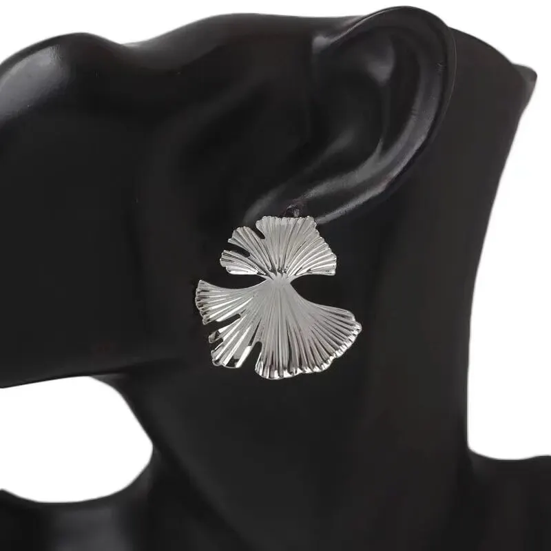 Stud Earrings Silver Color Metal Ginkgo Leaf Women Fashion Statement Jewelry Gift