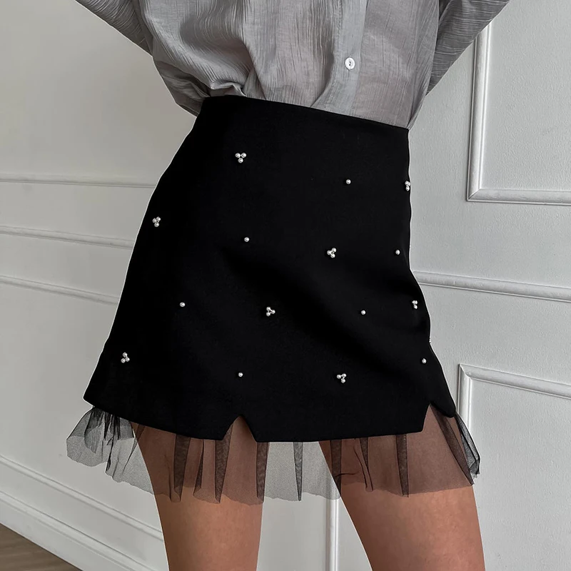 

TARUXY Black Lace Splice Mini Skirt For Women Beading High Waisted Sexy Slim Hip Wrap Skirt Female Clubs Party Skirt Summer New