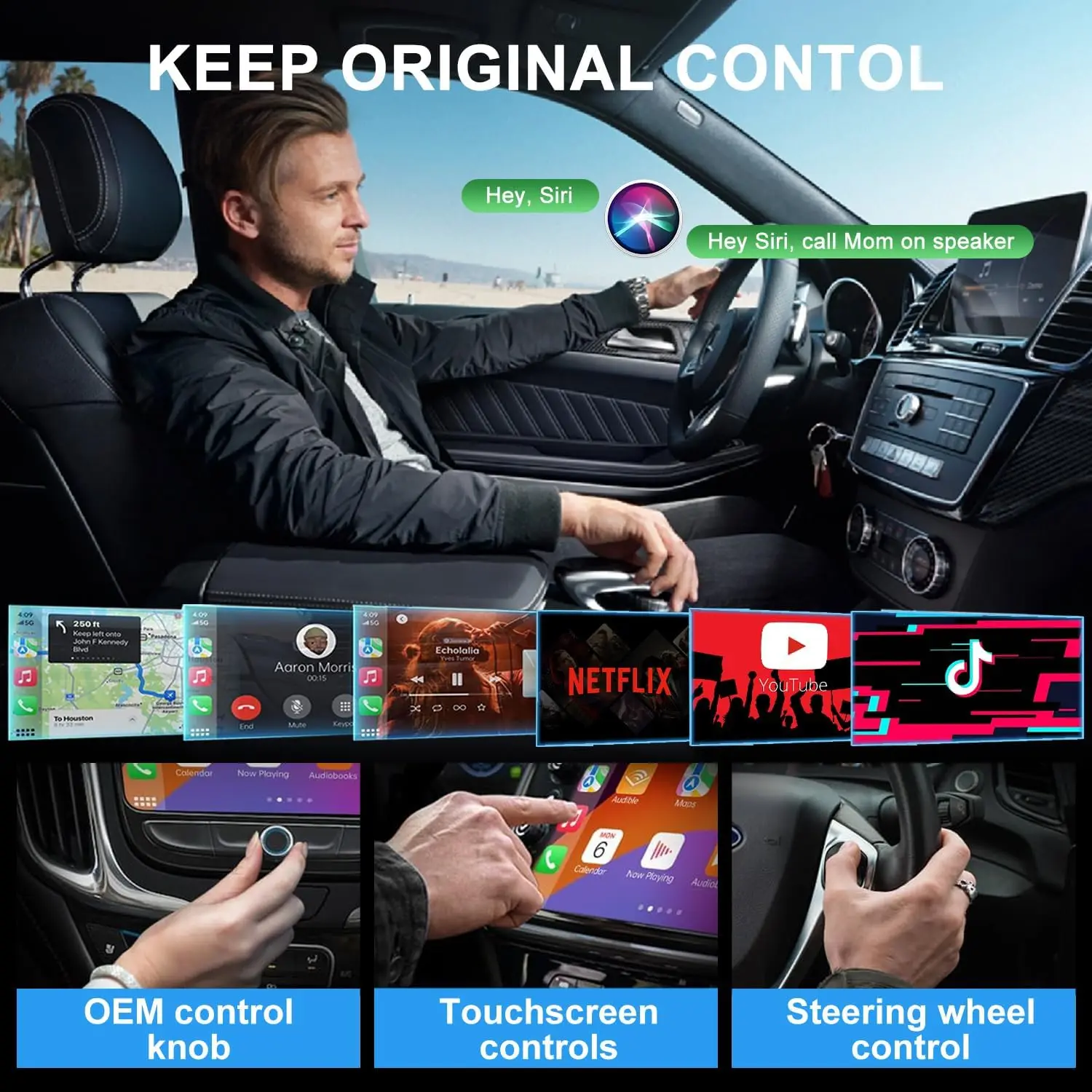 무선 CarPlay/안드로이드 Auto 비디오 어댑터, 지연 없이 YouTube/Netflix/TikTok 영상 시청 지원, 플러그 앤 플레이