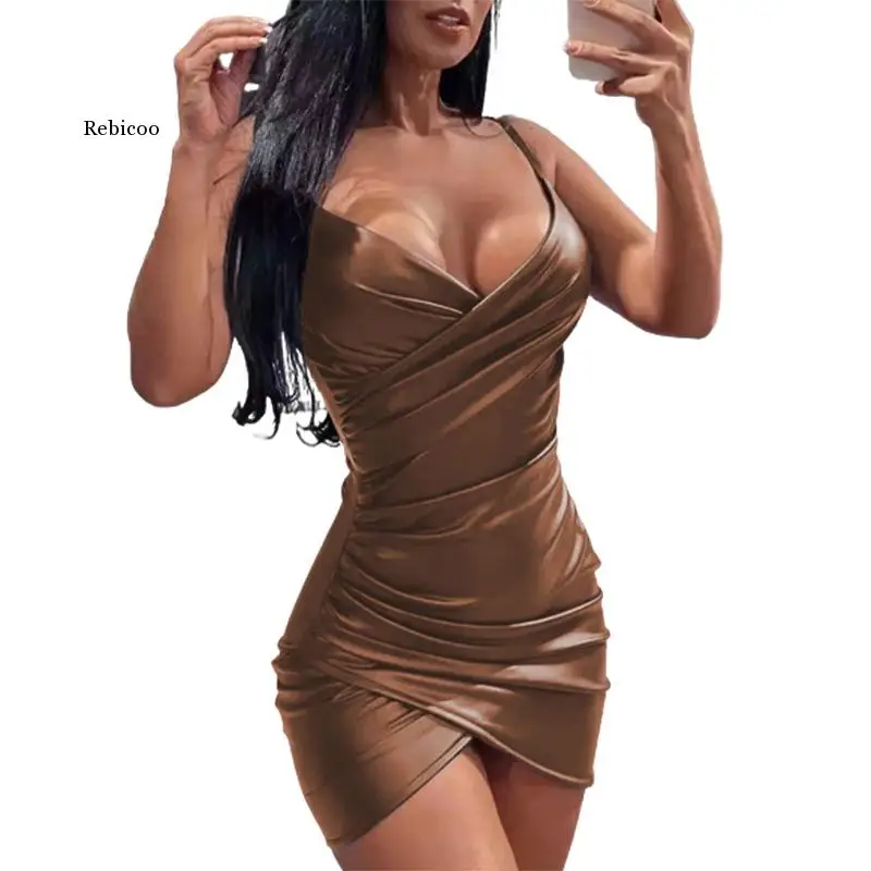 

Rocker Chic Style Sexy Deep V-neck Folds Irregular Leather Slip Bodycon Dress Women Streetwear Nightclub Party Sheath Dress