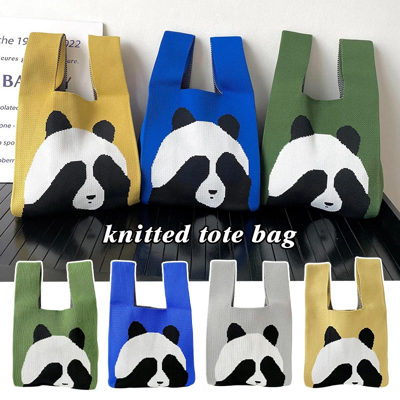 

Cute Panda Handmade Knit Handbags Women Mini Knot Wrist Bag Korean Casual Color Tote Bag Student Reusable Shopping Bags