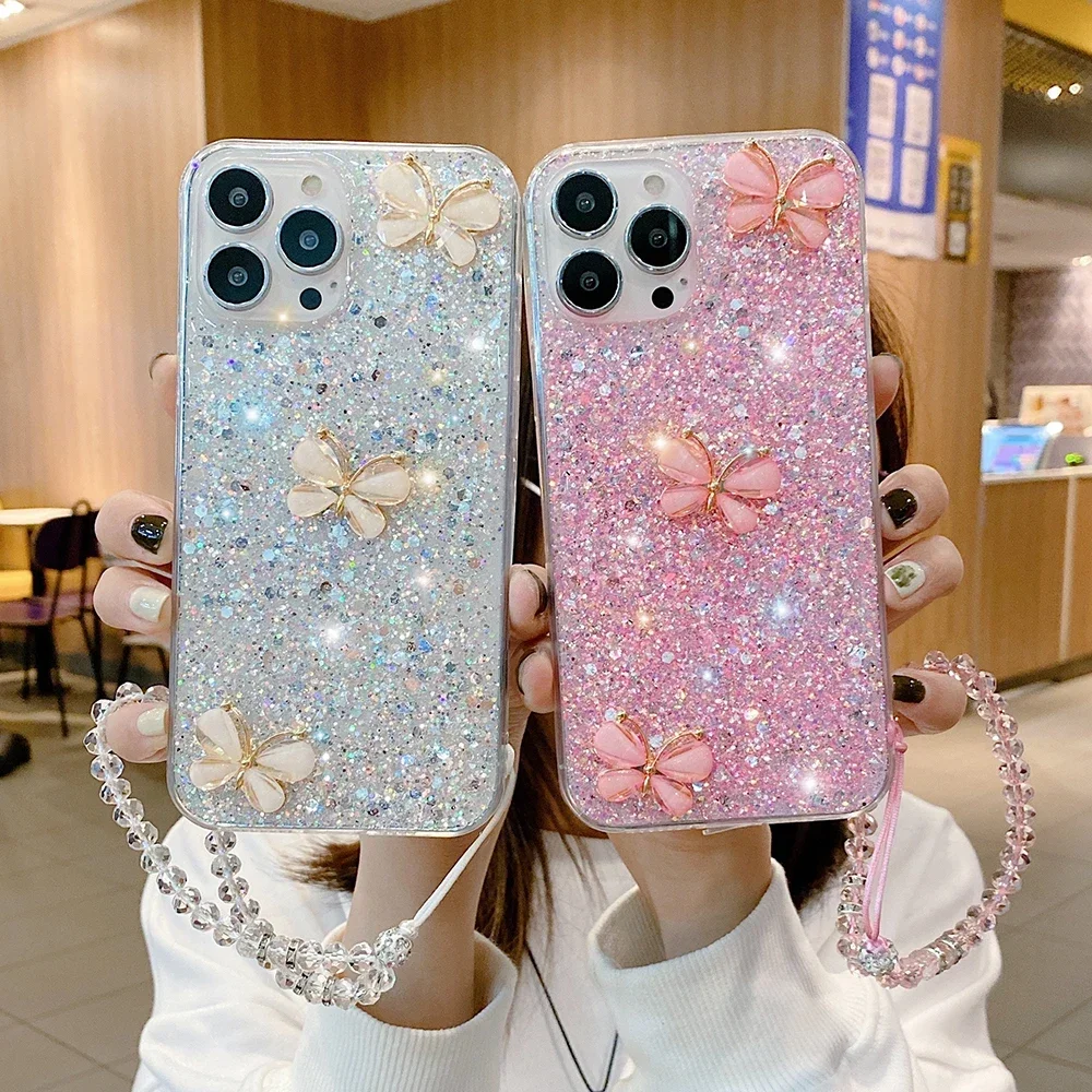 

Glitter Butterfly Phone Case for IPhone 15 14 13 11 12 Pro Max Plus Shiny Shockproof Cover for IPhone X XR XS Cases with Lanyard