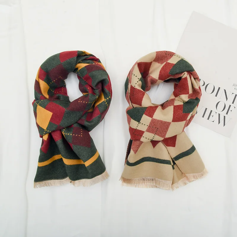 Fashion Diamond Grid Pattern Children's Scarf for Boys and Girls Autumn Winter Imitation Cashmere Windproof Warm Scarves Shawl