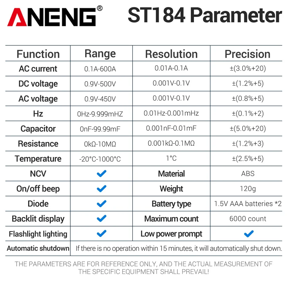 ANENG ST184 트루 RMS 클램프 미터 디지털 멀티미터 AC DC 전압 전류 저항 NCV 유도 감지기 전기 기술자용