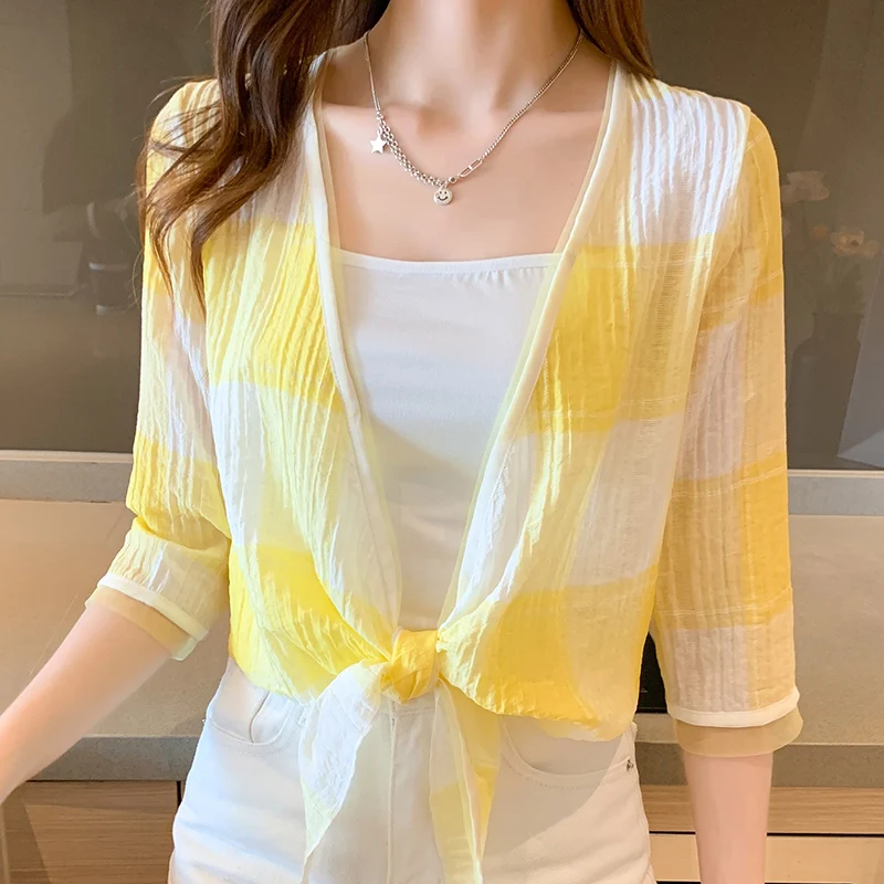 Female Summer Cape Block Color Plaid Shawl Prevented Bask Clothes Short Design Woman Clothes Sweet Ladies Shirts Blouses Capes women spring autumn elegant cardigan retro knitted poncho shawl cheongsam dress shawl cloak literature tassel wraps capes tops