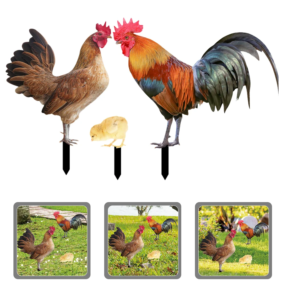 

1 Set of Garden Lifelike Hen Stake Rooster Stake Signs Yard Scene Layout Chick Stakes