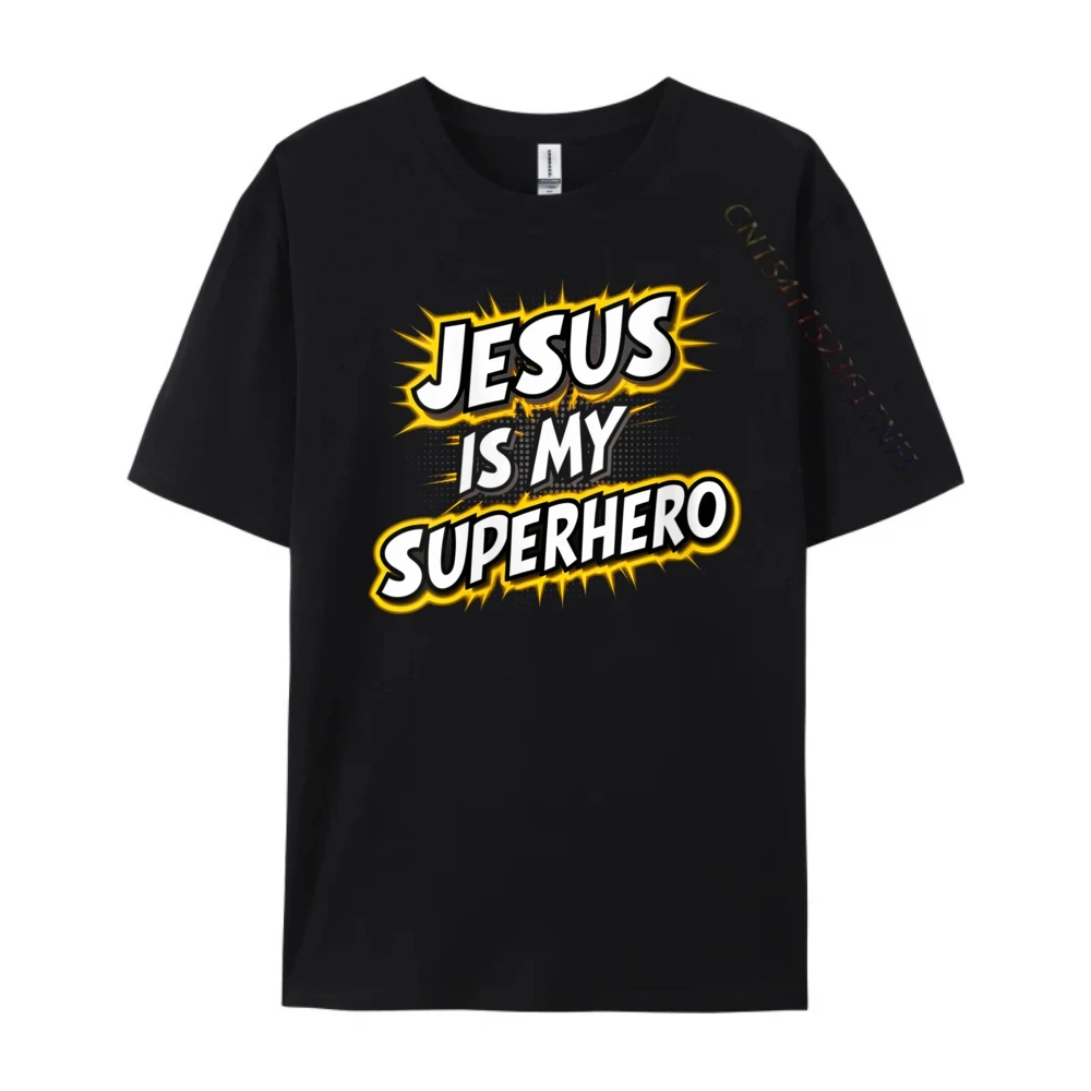 Round Neck Womens Jesus Is My Superhero 100% Cotton Fabric Women's T-shirts Birthday Short Sleeve Tees Discount Slogan Tees Womens Jesus Is My Superhero Christian God Religious Comic Boy _C16584 black