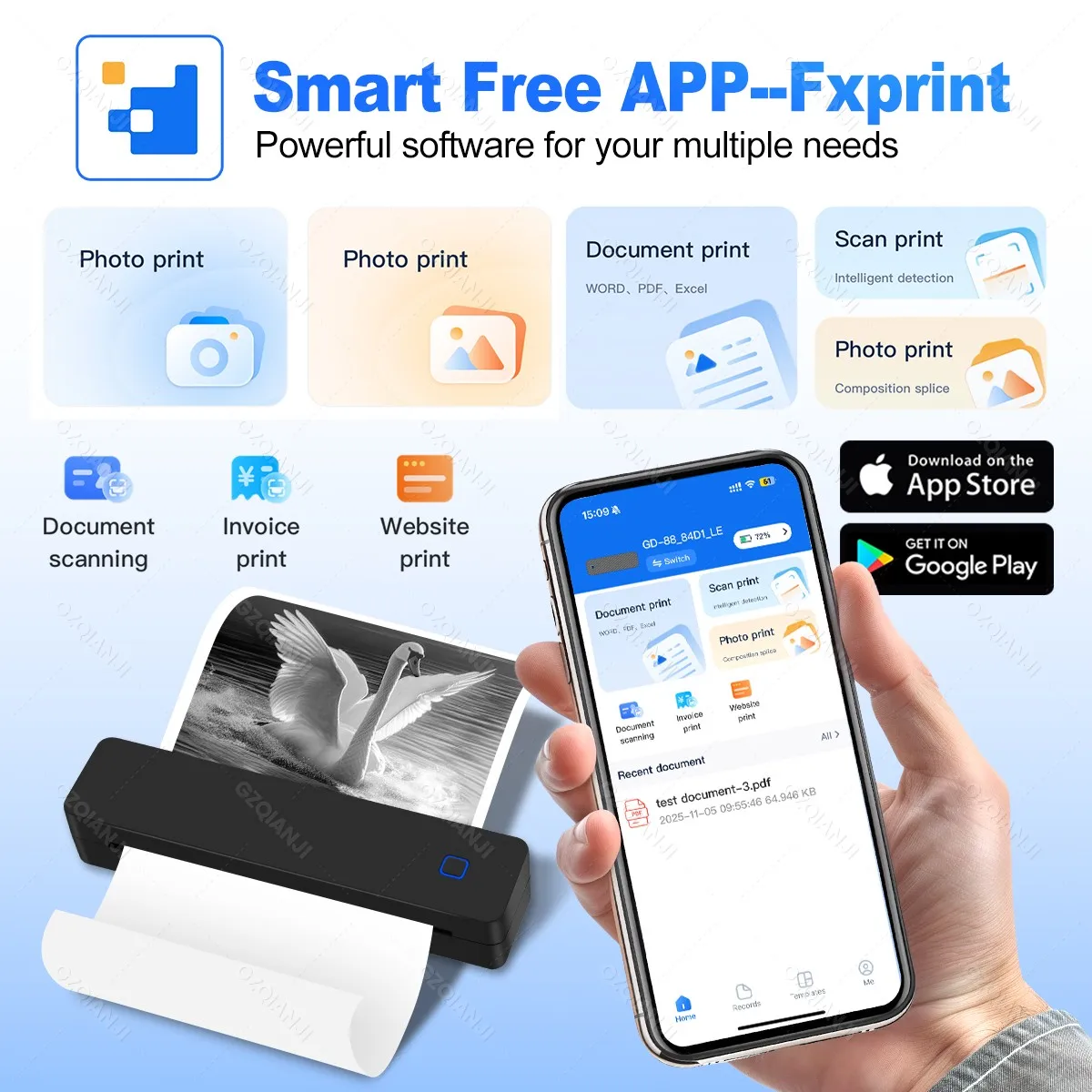 A4 Thermal Printer Bluetooth Wireless Portable Photos PDF Document Printer Support Windows/Android/iOS