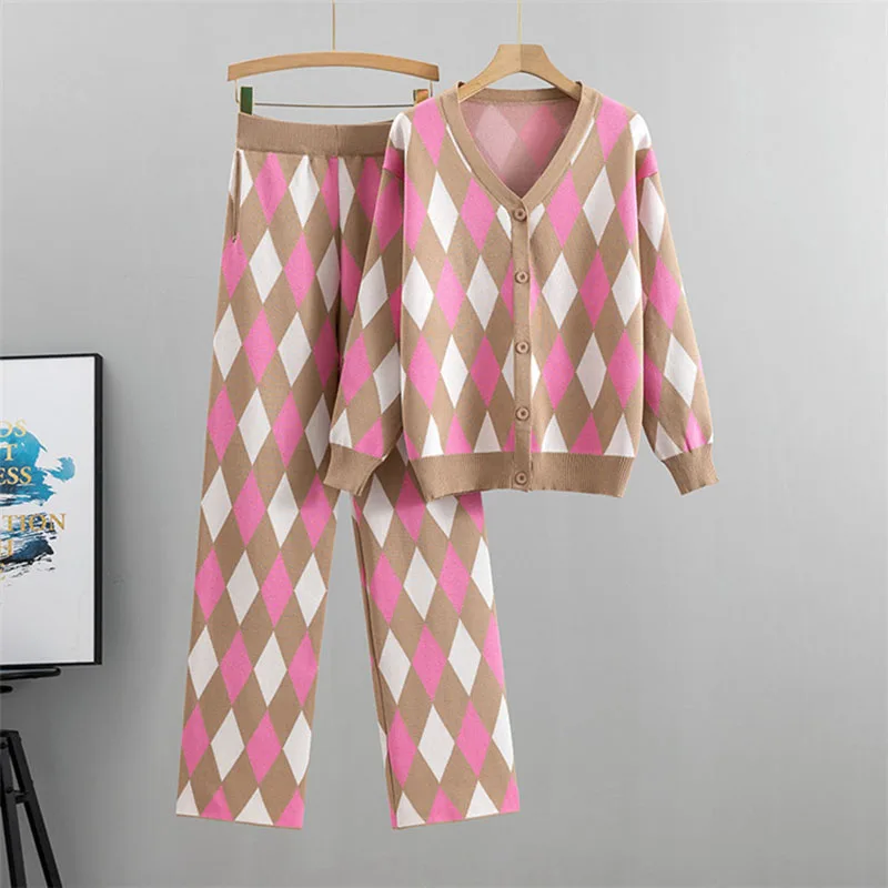 Spring Plaid Sweater 2 Piece Sets Women Knitwear Cardigan Suits Knitted Wide Leg Pants Outfits Fall Korean Sueter Loose Conjunto
