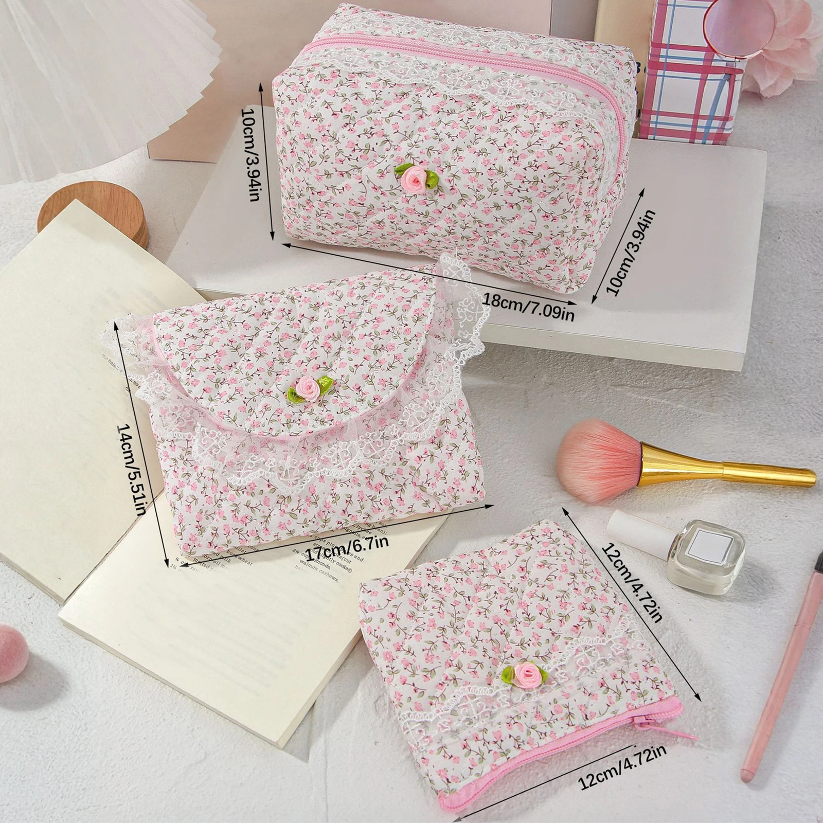 Cotton Quilted Makeup Bag Large Travel Toiletry Bag Pink Floral Toiletry Organizer for Women and Girls