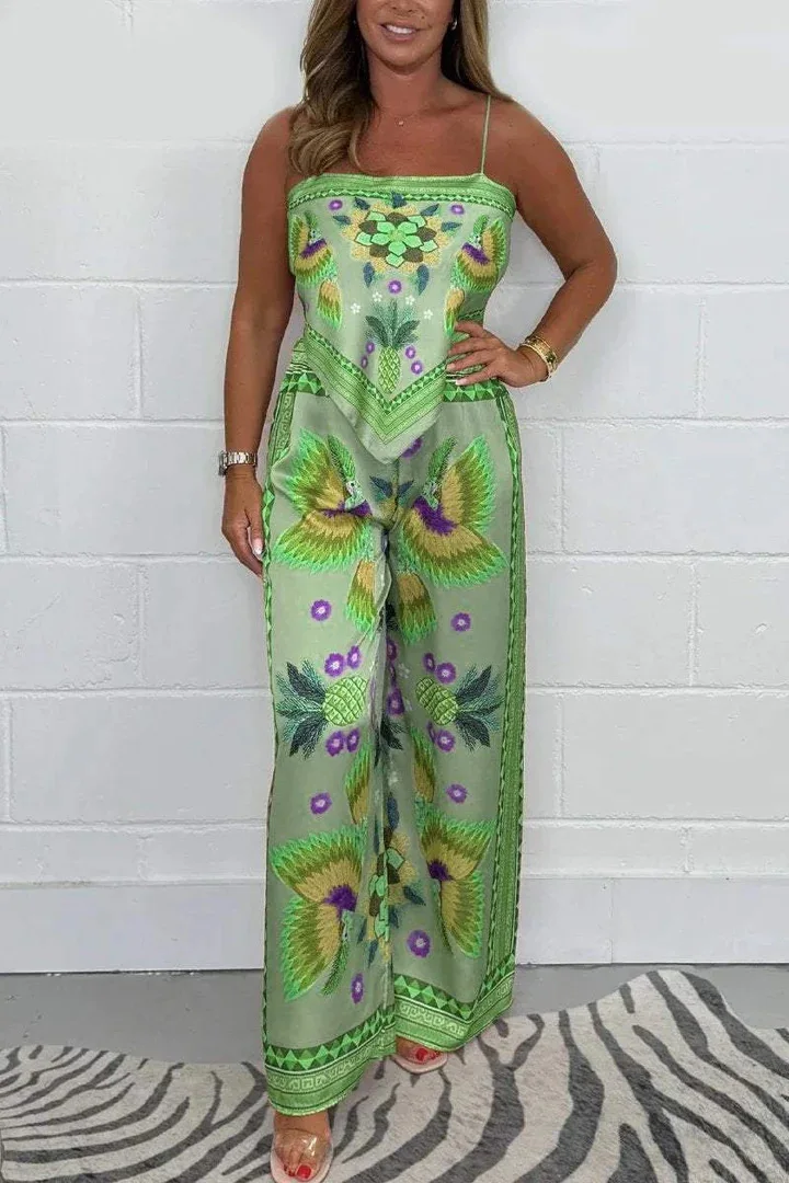 2 Piece Set Elegant Floral Print Straight Pants Women Outfit New Suspender Tops With Long Wide Leg Pants Summer Pants Suit Women