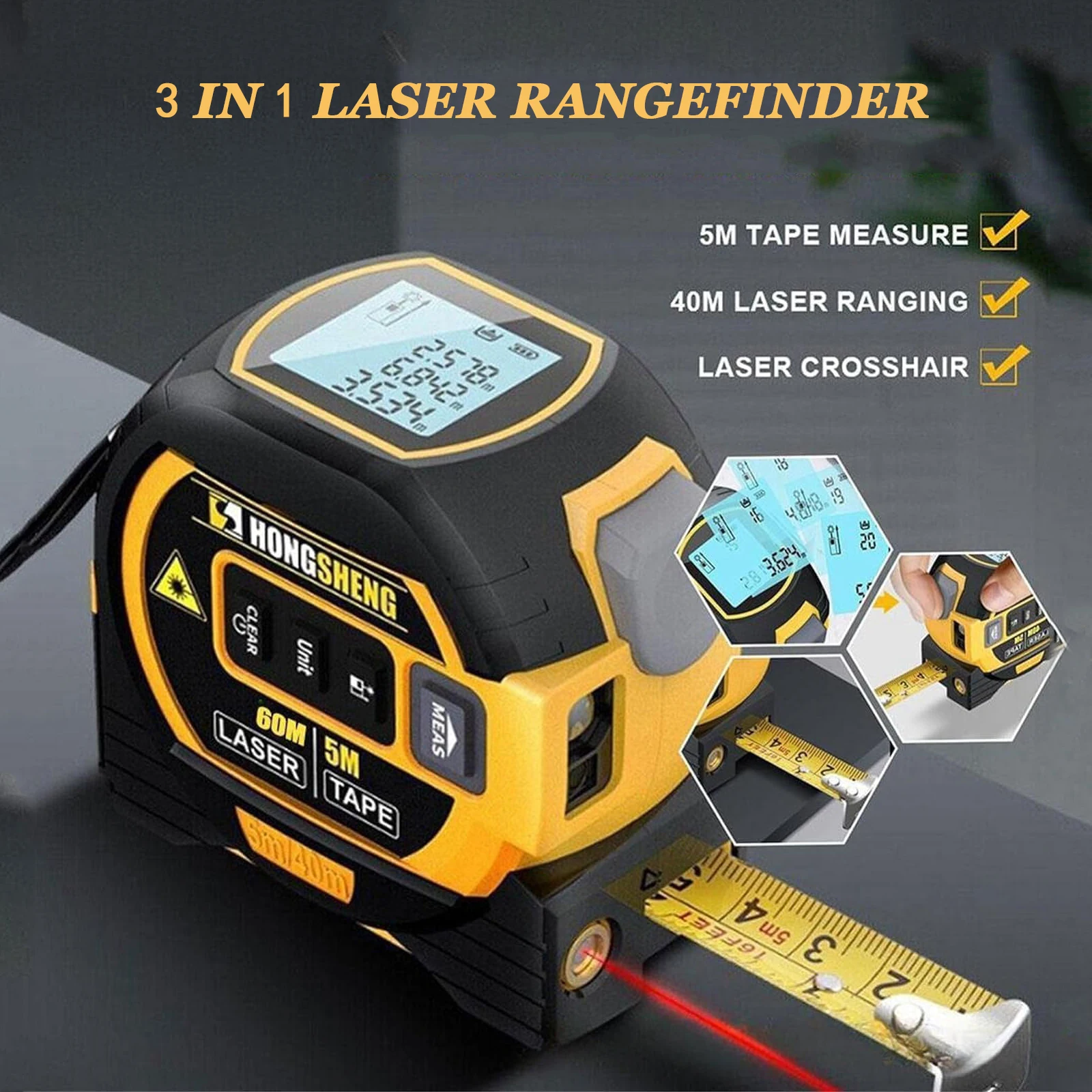 3-in-1 Digital Tape Measure, 16Ft Measuring Tape＆Cross Marking Rangefinder Measurement Tool w/Historical Data Storage Function