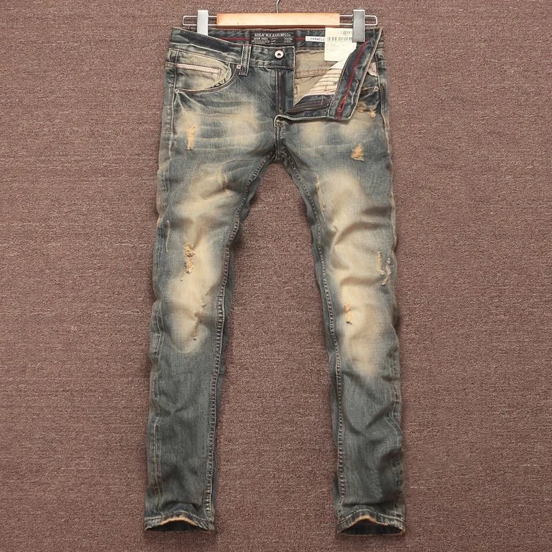 Men Jeans Ripped Jeans Ripped Patchwork Jeans Autumn and Winter Vintage Ripped Solid Color Small Foot Pants Men&rsquo;s Casual Comfort