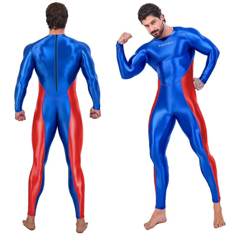AMORESY Sexy men's gloss sports tights Shiny Bodysuit Cosplay Catsuit Jumpsuits Stretch Bodystocking Zentai Suit yoga clothes