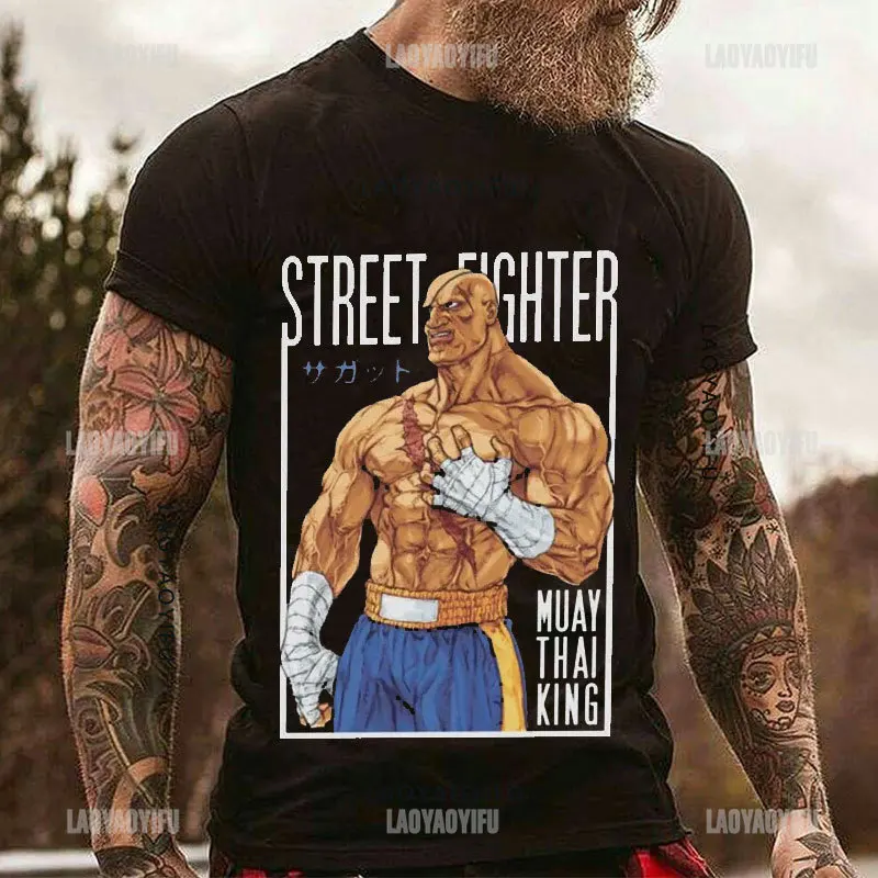 Anime New Street-Fighter Sagat Muay Thai Gaming Hadouken Tshirt Per Uomo Tees Manica Corta Girocollo Street Fighter Cotton Tops