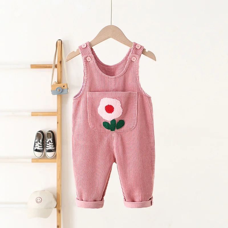 Corduroy Girls Overalls Floral Embroidery Jumpsuits