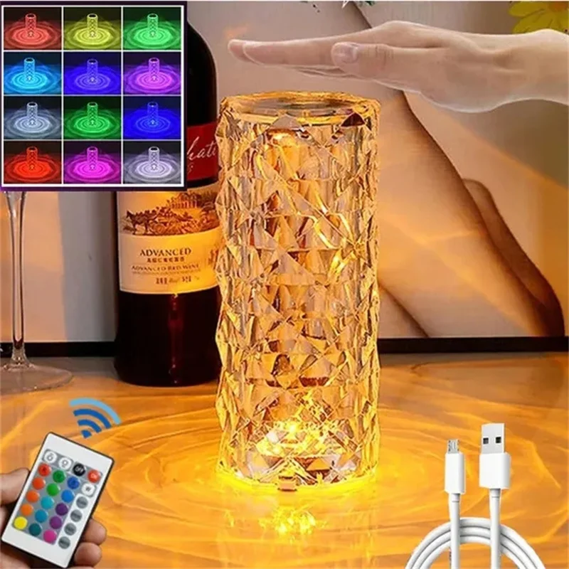 LED Crystal Table Lamp Rose Lamp Projector 3/16 Color Touch Adjustable Romantic Diamond Atmosphere USB Touch Night Light