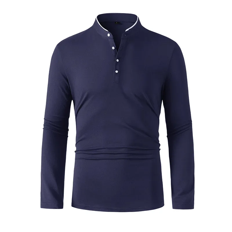 Men T-shirt 2025 Casual and Fashionable Solid Color Long Sleeved Stand Up Collar Summer Versatile and Comfortable