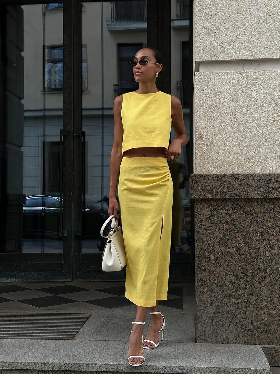 Fashion Female Maxi Skirt Sets High Waist Split Elegant Solid Streetwear Cropped Vest Top And Long Skirt Outfits Women's