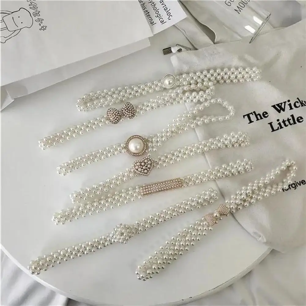 Women Elegant Dress Decoration Belt Thin Fashion Pearl Waist Chain With Skirt Simple Diamond Woven Pearl Belts Accessories
