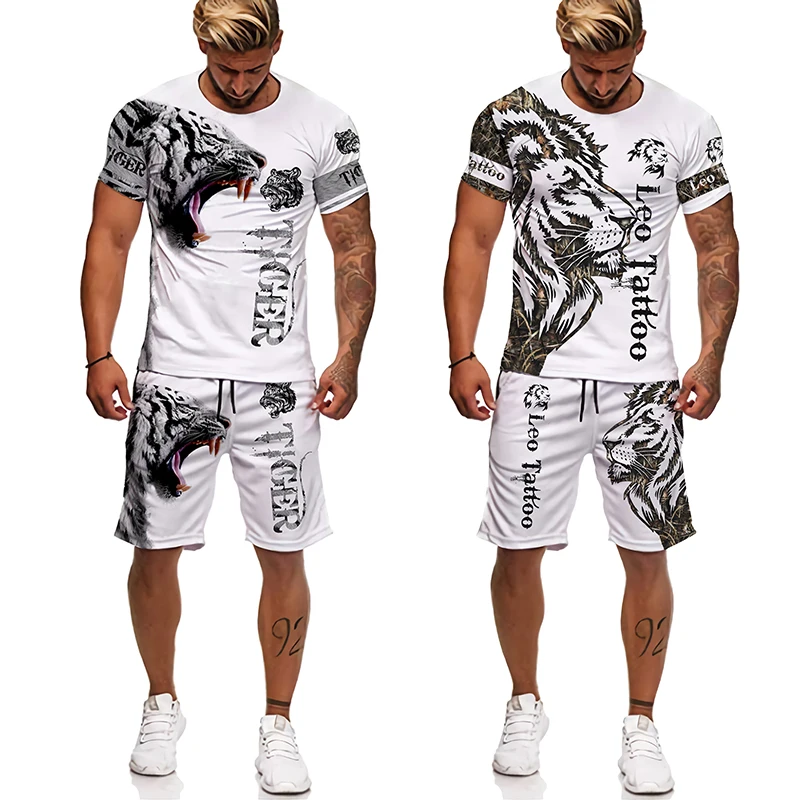 3D Printed Tiger Men's T-shirt Sets Fashion Short-Sleeve Lion Tracksuit/Tops/Shorts O-Neck Leisure Summer Cool Male Beach Suit