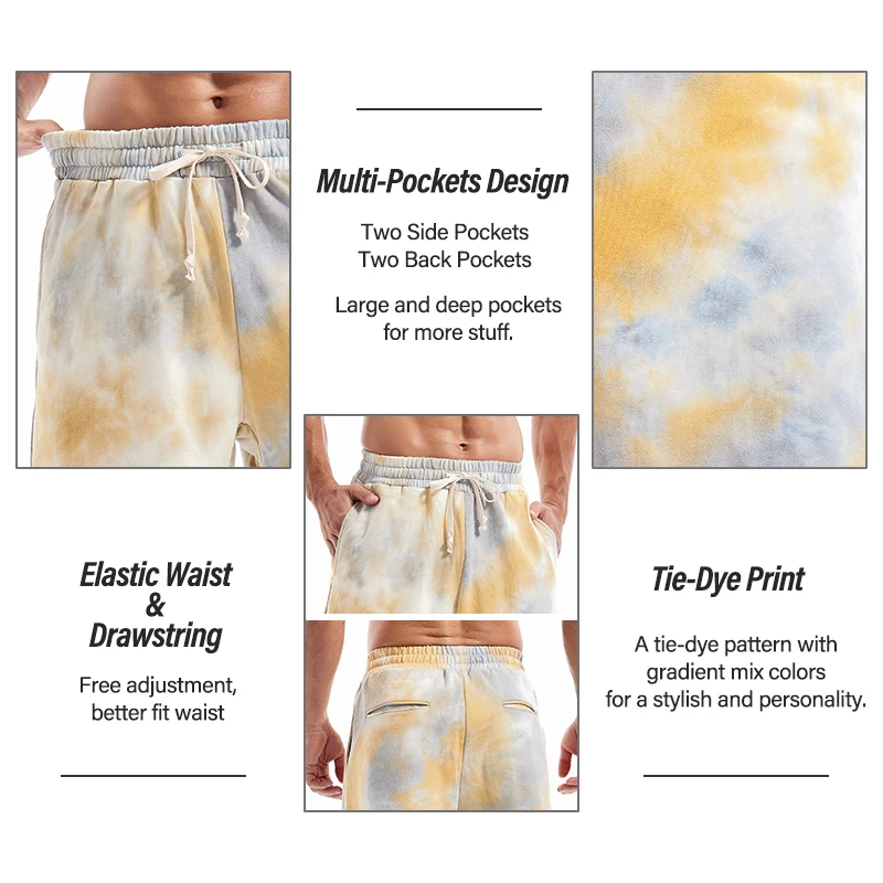 Heavywood Mens Tie Dye Shorts Sports Cycling Gym Sweatshorts Man Jogger Fitness Running Streetwear Loose 100% Cotton Home Shorts